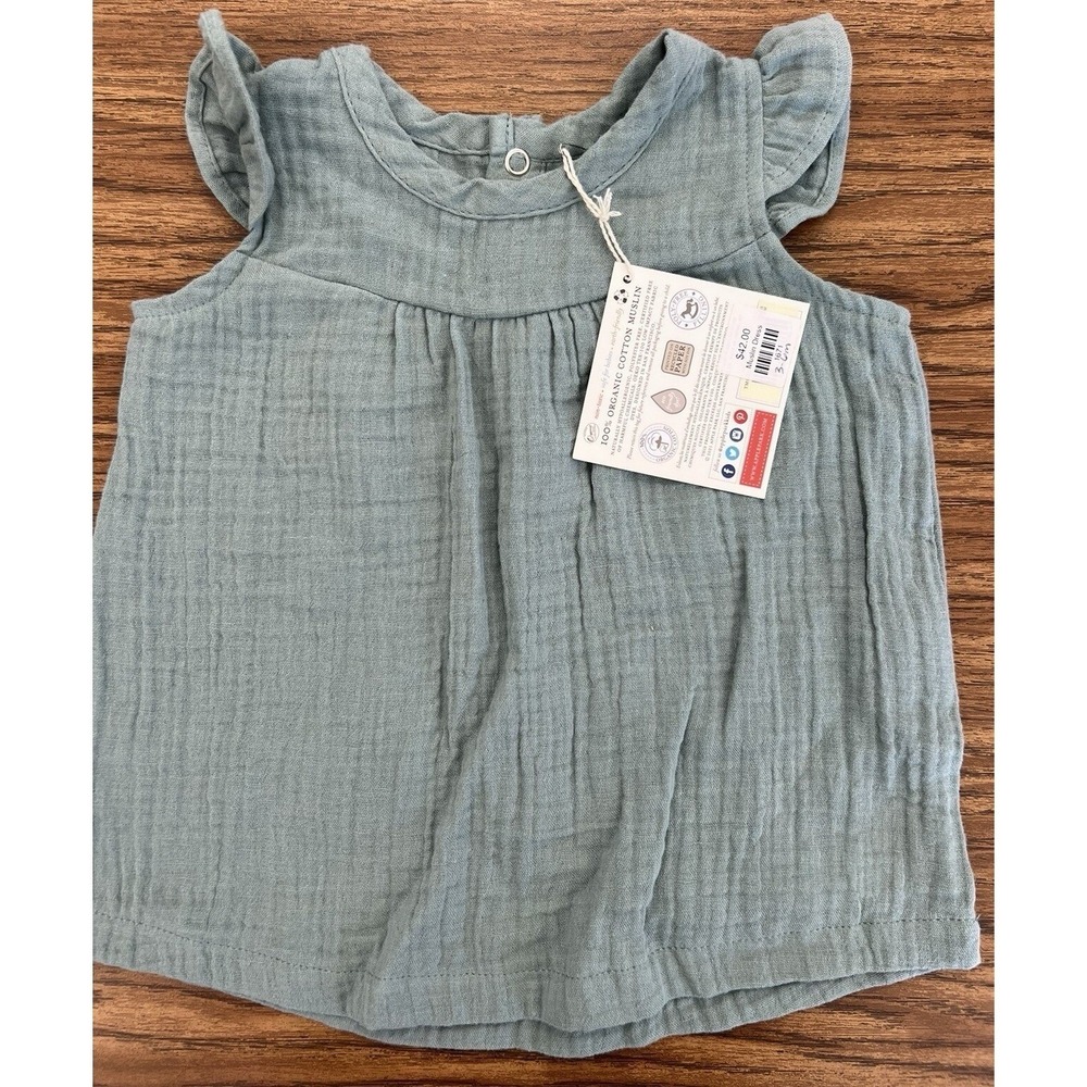 3-6m Apple Park NWT 100% Organic Cotton Muslin Sage Green Color Dress - Picture 2 of 6